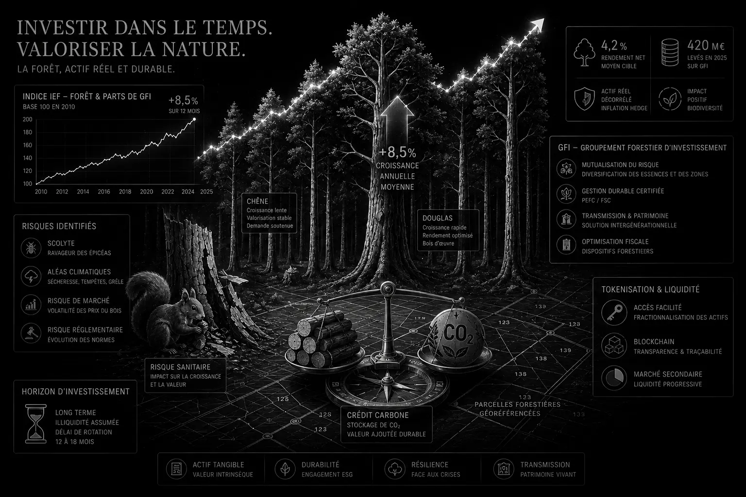 Forêt de chênes, bois d'œuvre, investissement patrimonial